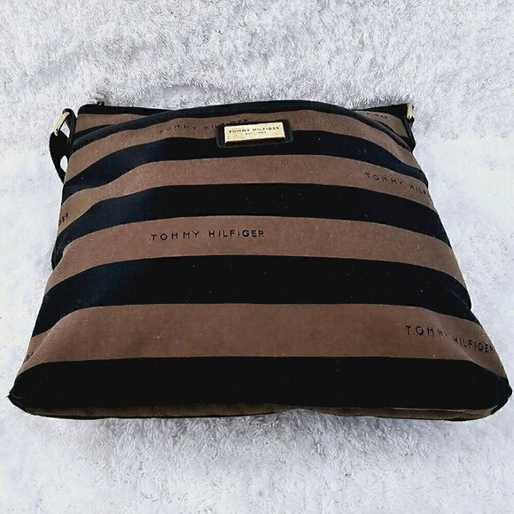 Tommy Hilfiger Brown and Black Striped Sateen Twill Fabric Crossbody - Picture 7 of 15